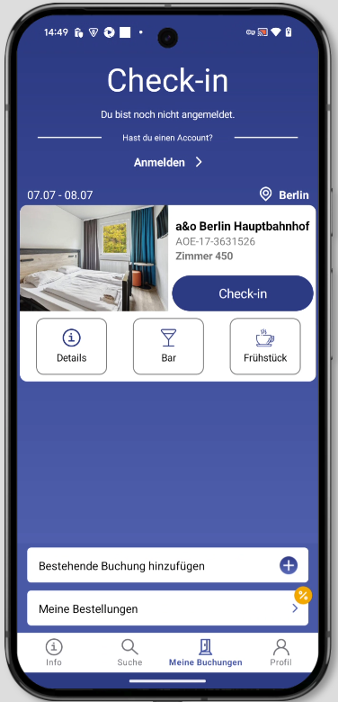 Buchungskarte in der a&o App nach erfolgreichem Check-in mit dem sichtbaren Button „Tür öffnen“