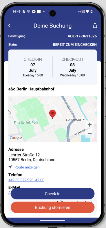 App-Ansicht „Deine Buchung“ mit Buchungsnummer, Status und Check-in-Button