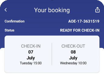 Detailed booking view showing the status “Ready to check in” and travel dates
