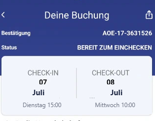 Detailansicht der Buchung mit dem Status „Bereit zum Einchecken“ und den Reisedaten