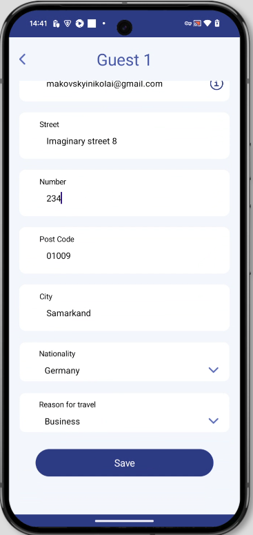 Guest details form with anonymized placeholder information
