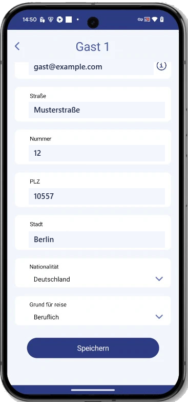 Gästedaten-Formular mit anonymisierten Platzhalter-Angaben