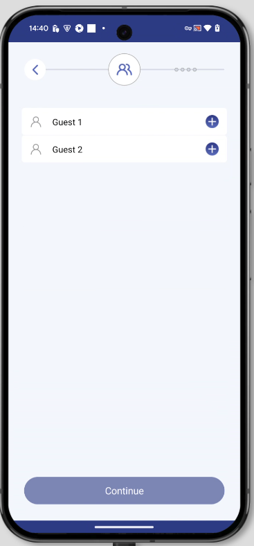 Guest list in the app with “Guest 1” and “Guest 2” to complete