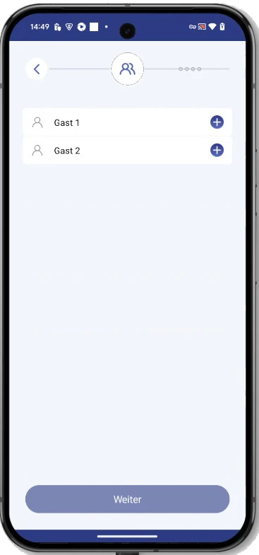 Gästeliste in der App mit „Gast 1“ und „Gast 2“ zum Ergänzen