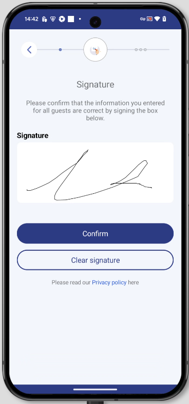 Signature screen for digitally confirming your details