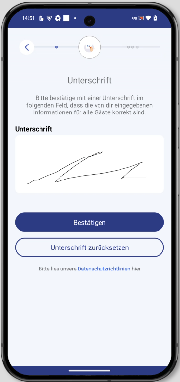 Unterschrift-Screen zur digitalen Bestätigung der Angaben