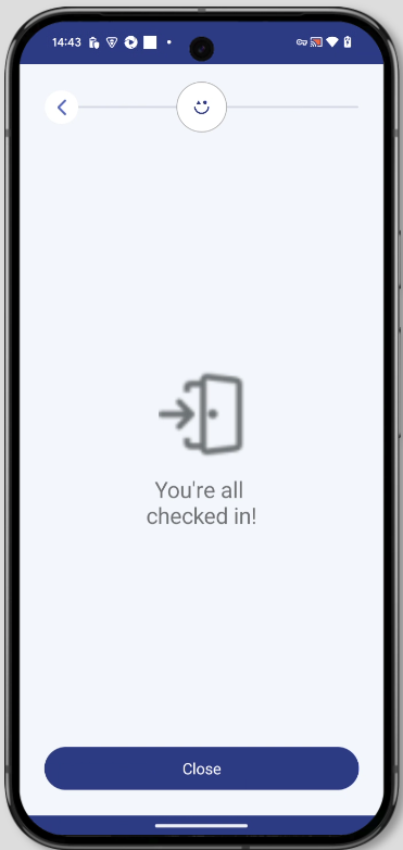 Confirmation view in the app with the message “You're checked in!”
