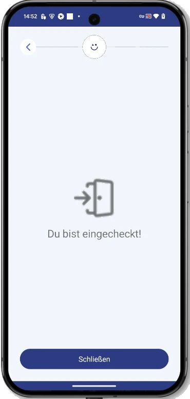Bestätigungsansicht in der App mit der Meldung „Du bist eingecheckt!“